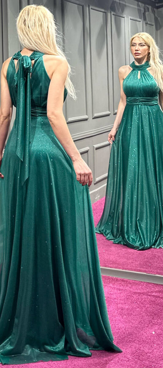 Green Belted Low-Cut Back Flared Skirt Glitter Fabric Long Evening Dress 6646 - 5