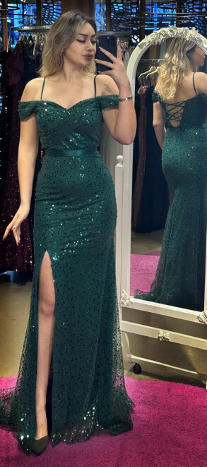 Green Belted Low-Cut Back Slit Beaded Sequin Long Evening Dress 7434 