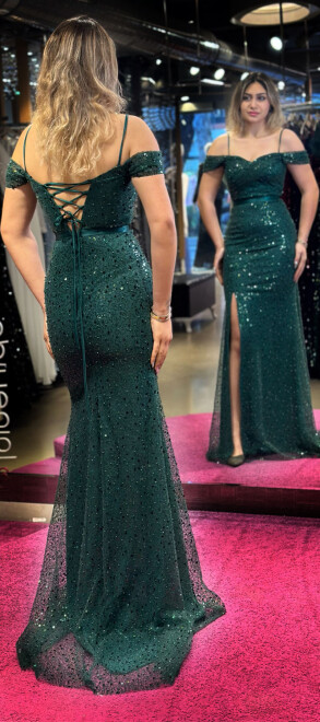 Green Belted Low-Cut Back Slit Beaded Sequin Long Evening Dress 7434 - 5