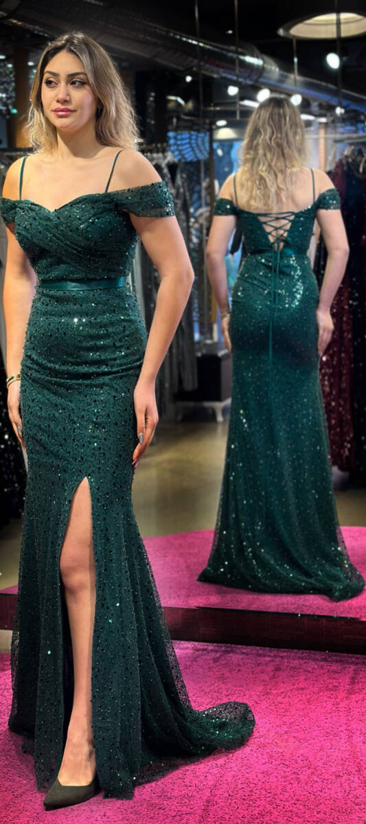 Green Belted Low-Cut Back Slit Beaded Sequin Long Evening Dress 7434 - 3