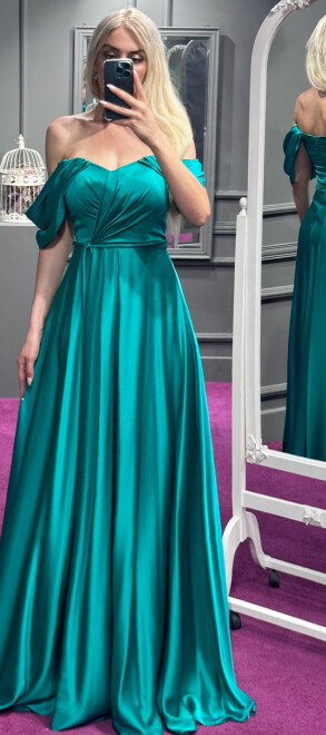 Green Flared Skirt Satin Long Evening Dress 7350 - 1