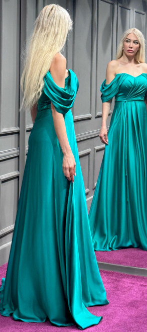 Green Flared Skirt Satin Long Evening Dress 7350 - 3