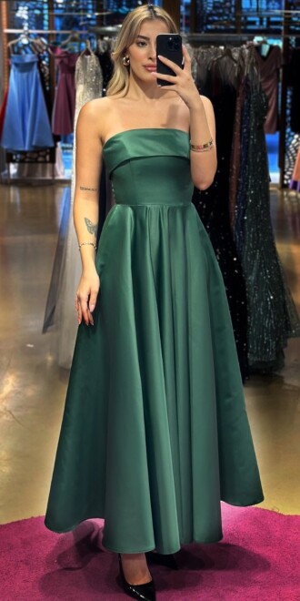 Green Flared Skirt Satin Midi Evening Dress 7647 