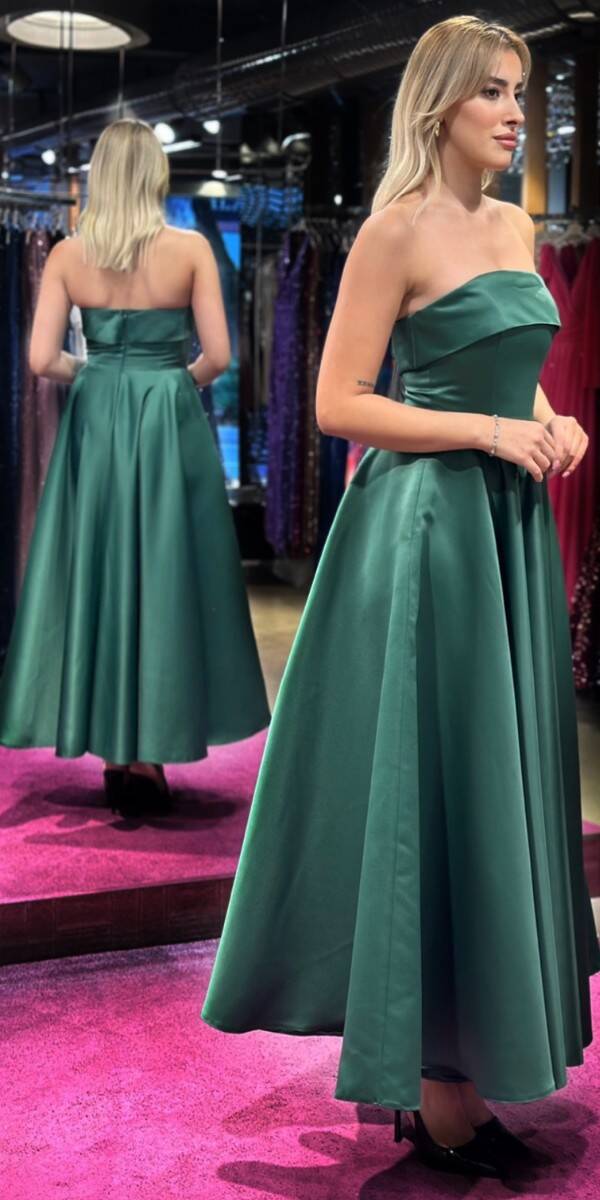 Green Flared Skirt Satin Midi Evening Dress 7647 - 3