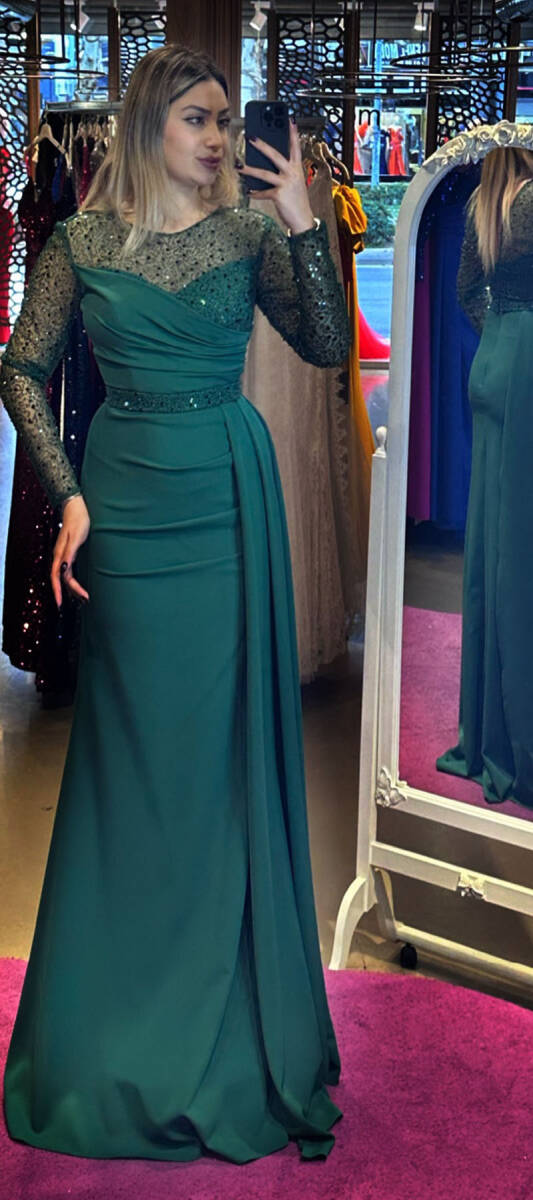 Green Long Sleeve Belted Mermaid Skirt Crepe Long Evening Dress 7440 - 1