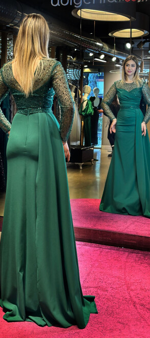 Green Long Sleeve Belted Mermaid Skirt Crepe Long Evening Dress 7440 - 5