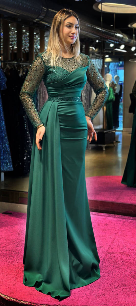 Green Long Sleeve Belted Mermaid Skirt Crepe Long Evening Dress 7440 - 3