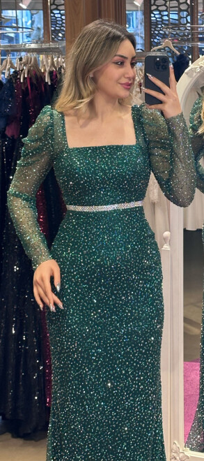 Green Long Sleeve Belted Straight Cut Glitter Long Evening Dress 7351 - 3