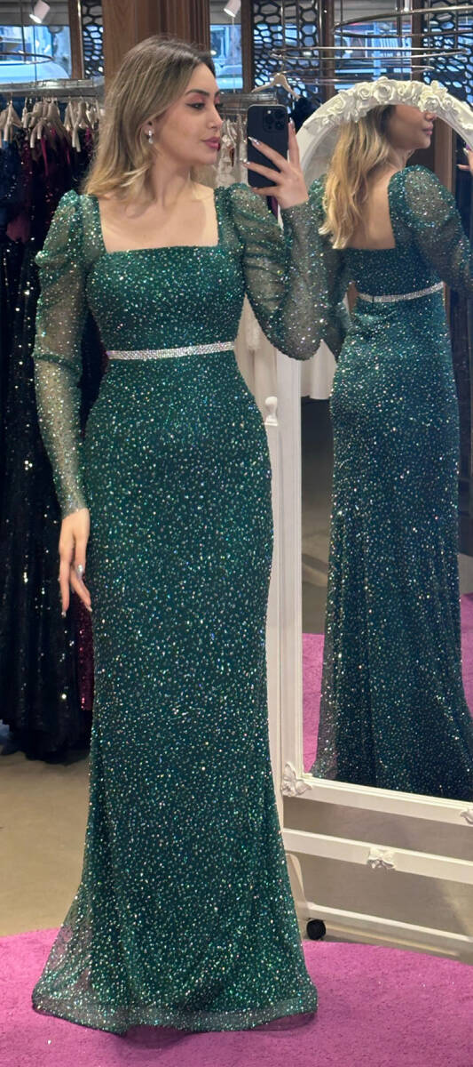 Green Long Sleeve Belted Straight Cut Glitter Long Evening Dress 7351 - 2