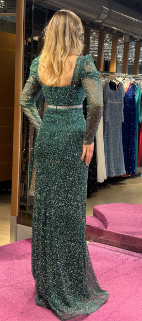 Green Long Sleeve Belted Straight Cut Glitter Long Evening Dress 7351 - 6