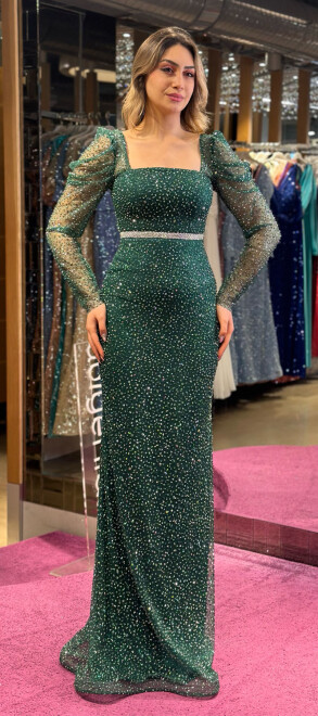 Green Long Sleeve Belted Straight Cut Glitter Long Evening Dress 7351 - 4