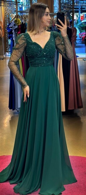 Green Long Sleeve Flared Skirt Chiffon Long Evening Dress 7569 