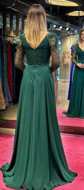 Green Long Sleeve Flared Skirt Chiffon Long Evening Dress 7569 - 4