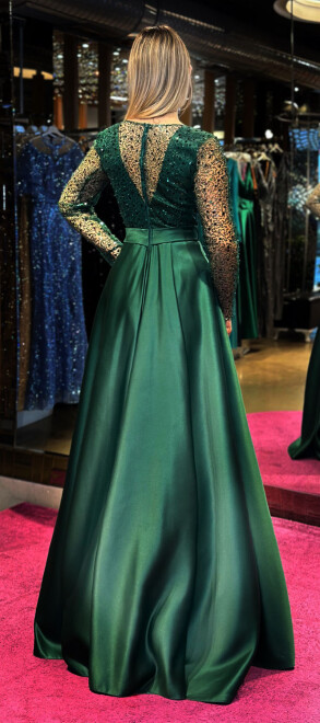 Green Long Sleeve Flared Skirt Satin Long Evening Dress 7453 - 5