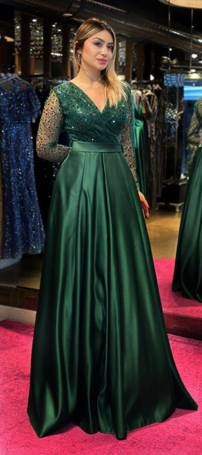 Green Long Sleeve Flared Skirt Satin Long Evening Dress 7453 - 3