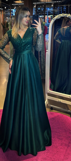 Green Long Sleeve Flared Skirt Satin Long Evening Dress 7453 