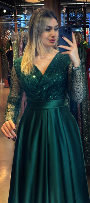 Green Long Sleeve Flared Skirt Satin Long Evening Dress 7453 - 2