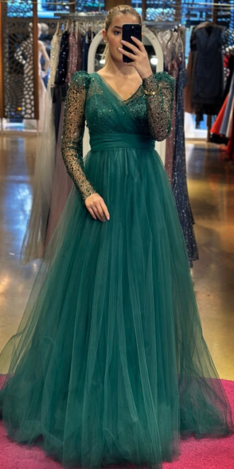 Green Long Sleeve Flared Skirt Tulle Long Evening Dress 7425 