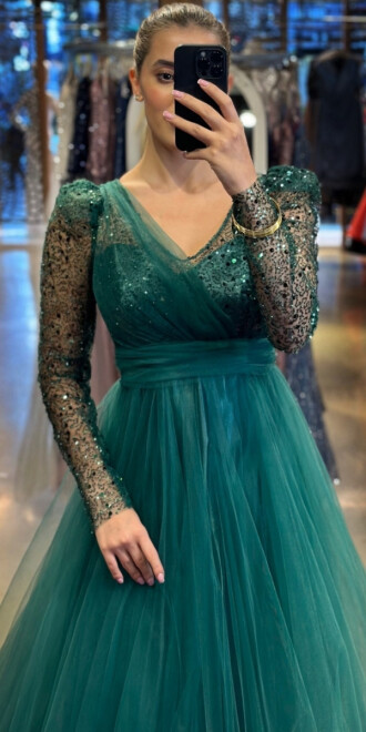 Green Long Sleeve Flared Skirt Tulle Long Evening Dress 7425 - 2