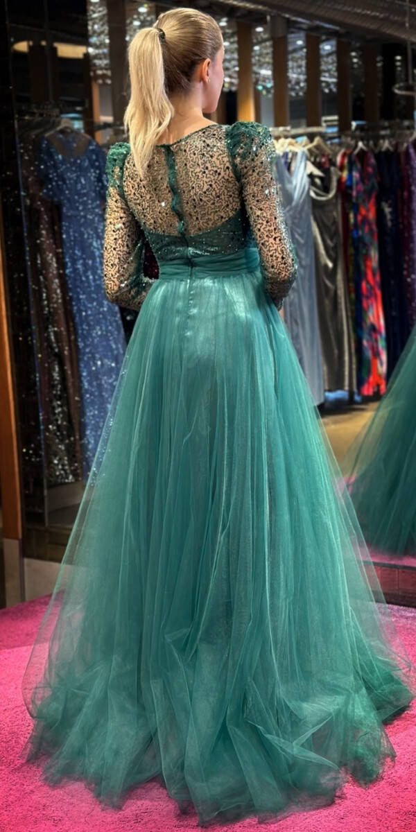 Green Long Sleeve Flared Skirt Tulle Long Evening Dress 7425 - 3