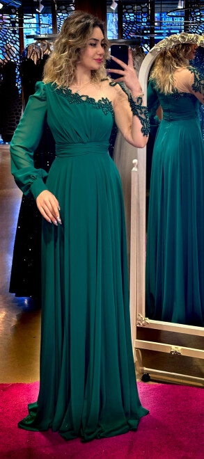 Green Long Sleeve Lace Detailed Flared Skirt Chiffon Long Evening Dress 7329 - 1