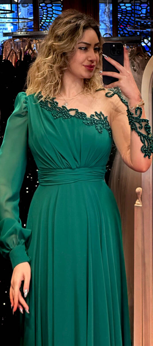 Green Long Sleeve Lace Detailed Flared Skirt Chiffon Long Evening Dress 7329 - 2