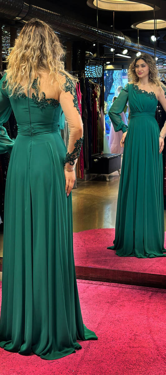 Green Long Sleeve Lace Detailed Flared Skirt Chiffon Long Evening Dress 7329 - 5