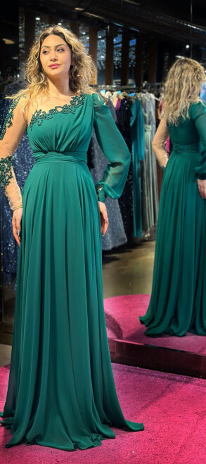 Green Long Sleeve Lace Detailed Flared Skirt Chiffon Long Evening Dress 7329 - 3