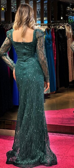 Green Long Sleeve Mermaid Skirt Glitter Fabric Long Evening Dress 7314 - 5