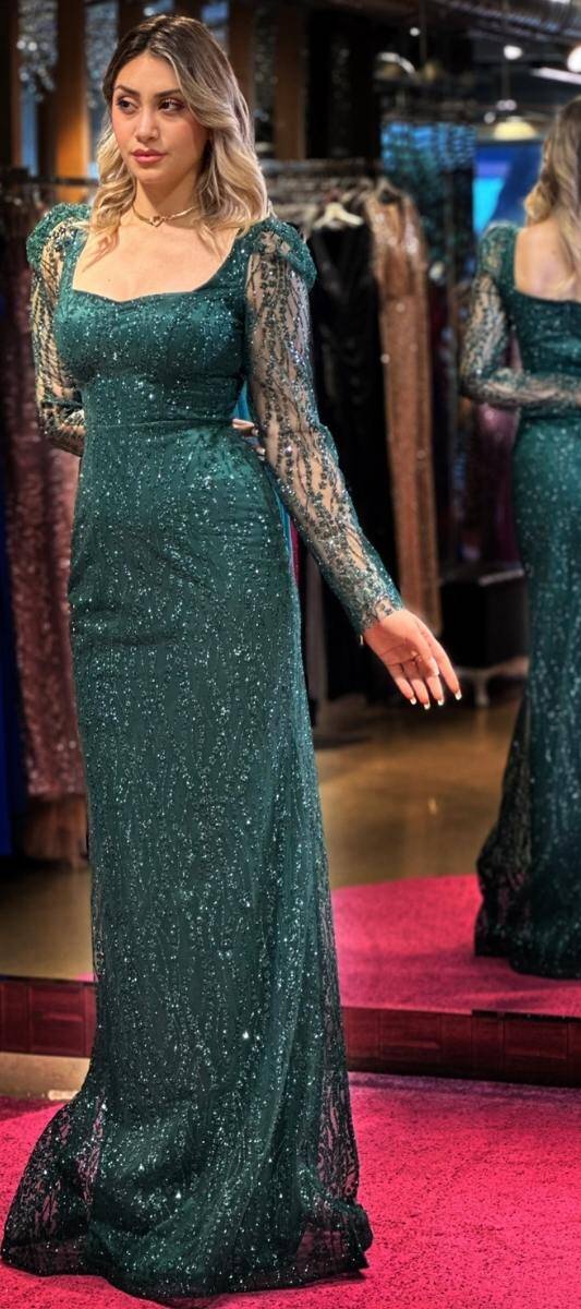 Green Long Sleeve Mermaid Skirt Glitter Fabric Long Evening Dress 7314 - 3