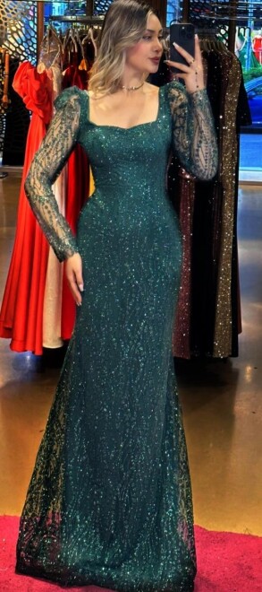 Green Long Sleeve Mermaid Skirt Glitter Fabric Long Evening Dress 7314 - 1