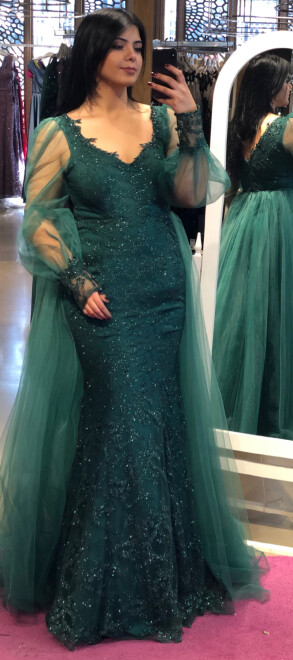 Green Long Sleeve Mermaid Skirt Lace Long Evening Dress 7279 