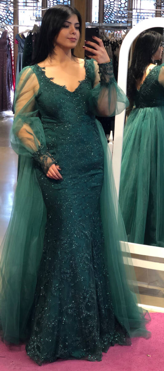 Green Long Sleeve Mermaid Skirt Lace Long Evening Dress 7279 - 1