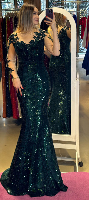 Green Long Sleeve Mermaid Skirt Sequin Long Evening Dress 7192 