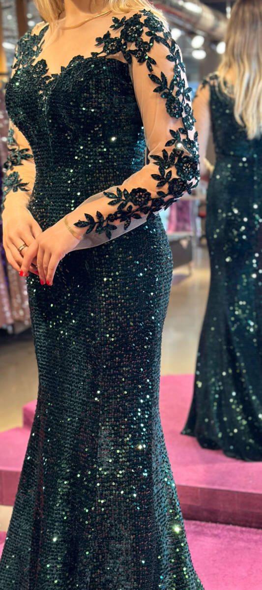 Green Long Sleeve Mermaid Skirt Sequin Long Evening Dress 7192 - 4