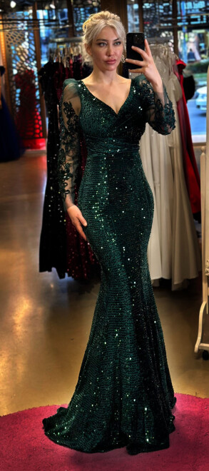 Green Long Sleeve Mermaid Skirt Sequin Long Evening Dress 7438 - 1