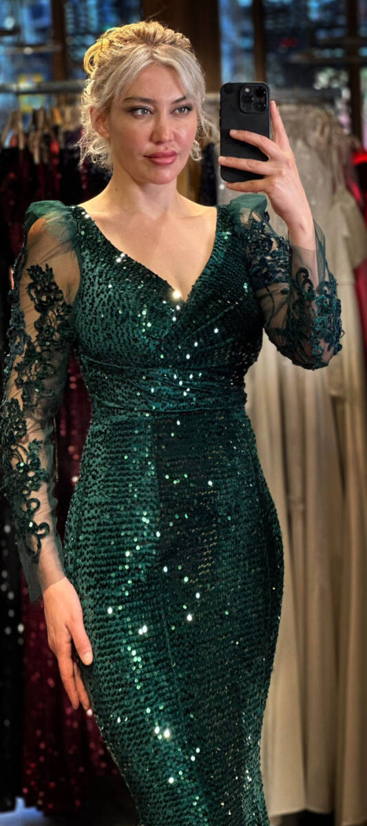 Green Long Sleeve Mermaid Skirt Sequin Long Evening Dress 7438 - 2