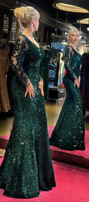 Green Long Sleeve Mermaid Skirt Sequin Long Evening Dress 7438 - 3