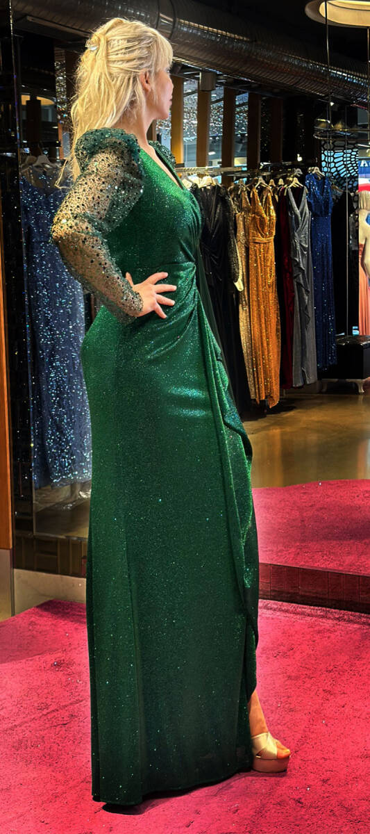 Green Long Sleeve Slit Straight Cut Glitter Long Evening Dress 7472 - 3