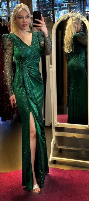 Green Long Sleeve Slit Straight Cut Glitter Long Evening Dress 7472 