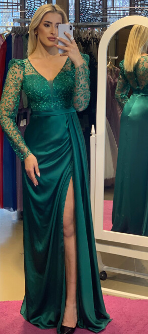 Green Long Sleeve Slit Straight Cut Satin Long Evening Dress 7244 - 1