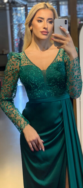 Green Long Sleeve Slit Straight Cut Satin Long Evening Dress 7244 - 2