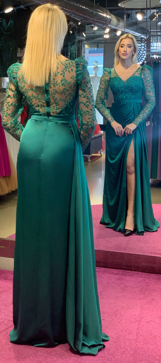 Green Long Sleeve Slit Straight Cut Satin Long Evening Dress 7244 - 3