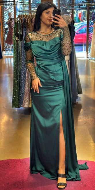 Green Long Sleeve Slit Straight Cut Satin Long Evening Dress 7602 