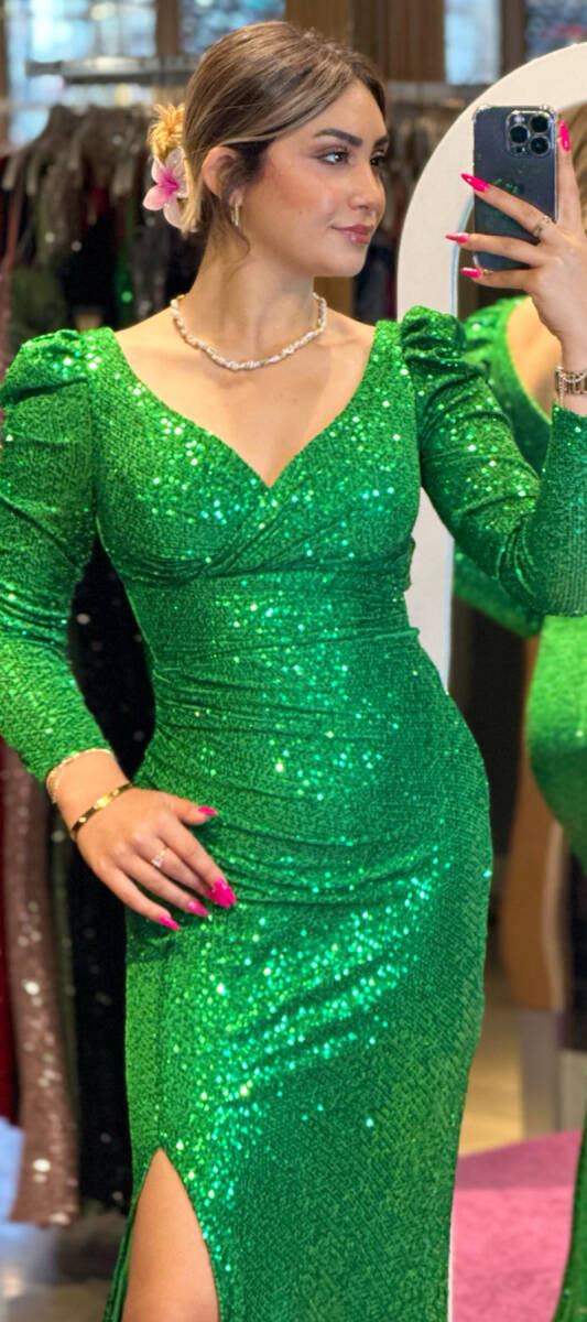 Green Long Sleeve Slit Straight Cut Sequin Long Evening Dress 7321 - 2