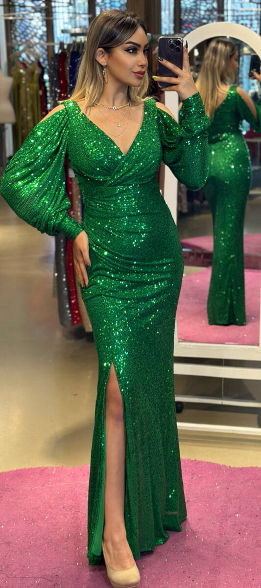 Green Long Sleeve Slit Straight Cut Sequin Long Evening Dress 7402 - 1