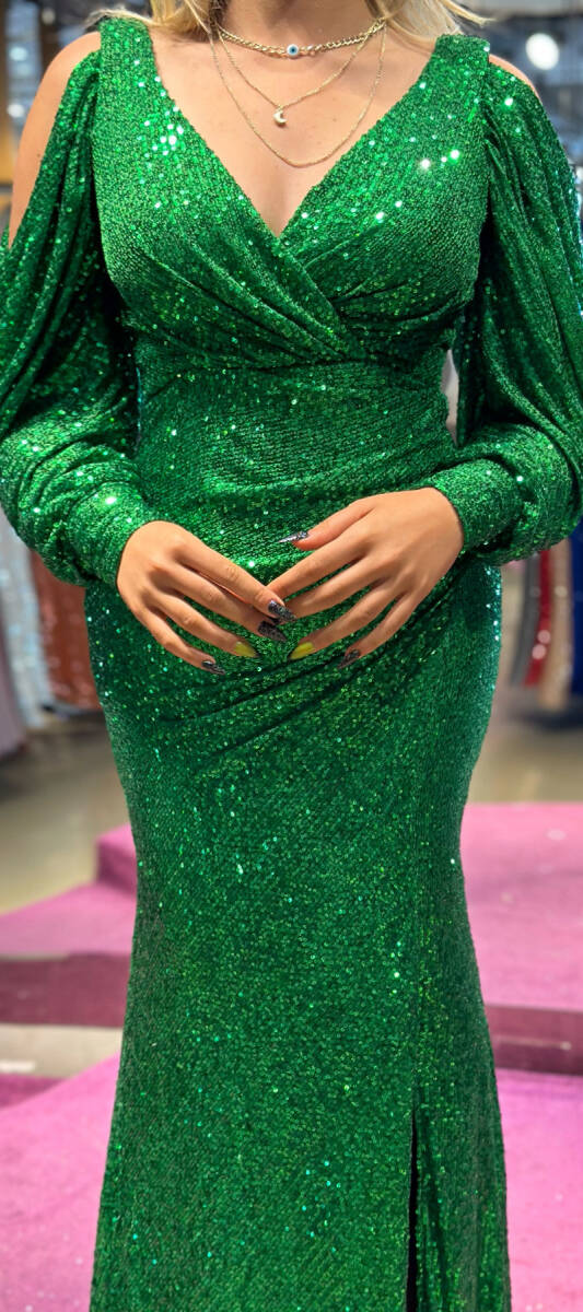 Green Long Sleeve Slit Straight Cut Sequin Long Evening Dress 7402 - 4