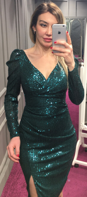 Green Long Sleeve Slit Straight Cut Sequin Short Evening Dress 7309 - 2