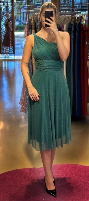 Green One Shoulder Flared Skirt Glitter Midi Evening Dress 7000 