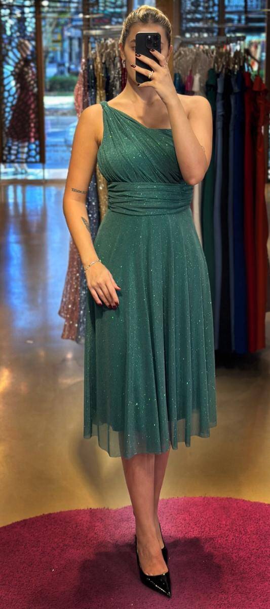 Green One Shoulder Flared Skirt Glitter Midi Evening Dress 7000 - 1